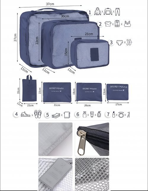 طقم منظمات شنط السفر ماركةLaundry pouch ٦ قطع خامة أكسفورد  سهلة التنظيف بسوستة